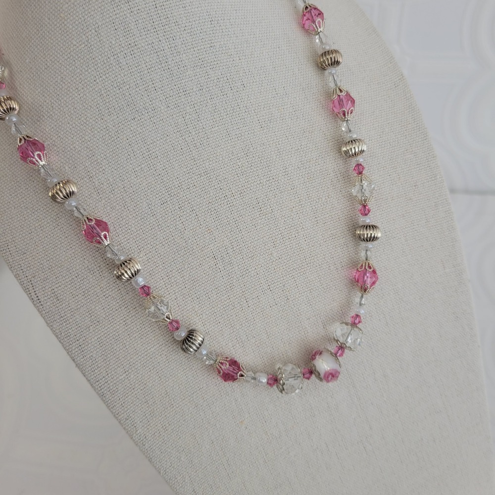 Lampwork Beaded Necklace Pink Crystal Floral Silver Tone Magnetic Clasp 18 Inch